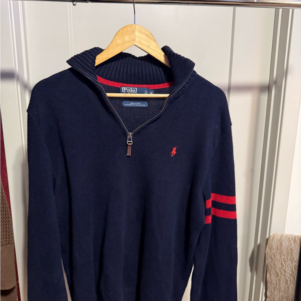 Ralph Lauren Navy Zip-Up Sweater with Red Stripes